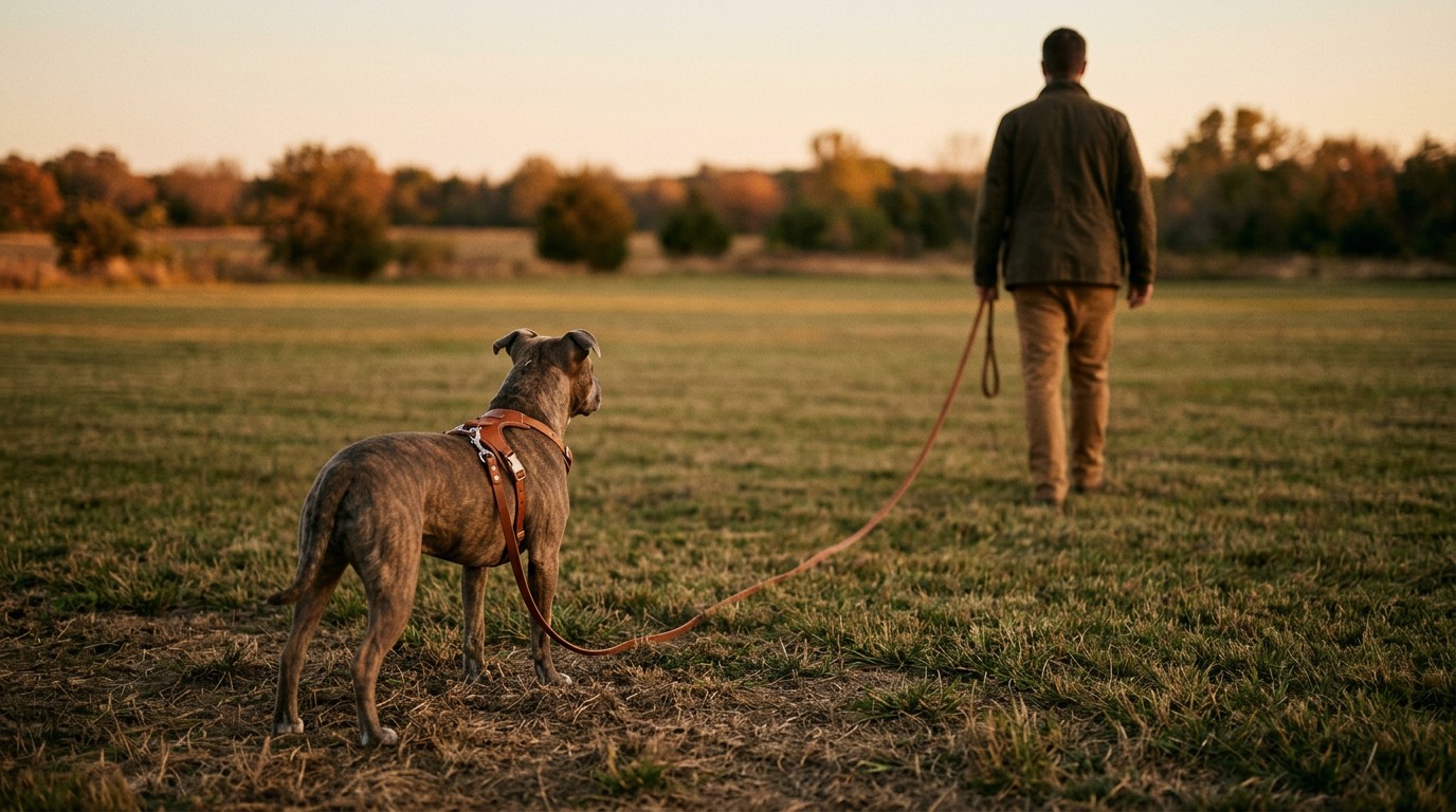 Dog in a fitted harness stands calmly on a long line in a quiet field during a private session