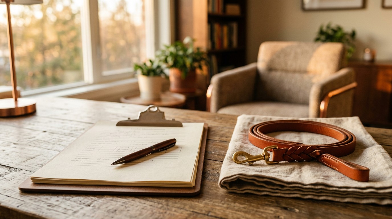 Behavior intake questionnaire on a clipboard next to a pen and a leather leash