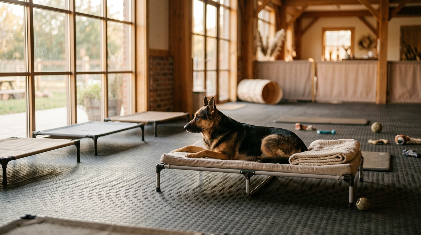 Training facility room with raised dog cots and rubber flooring, a dog resting beside a folded blanket