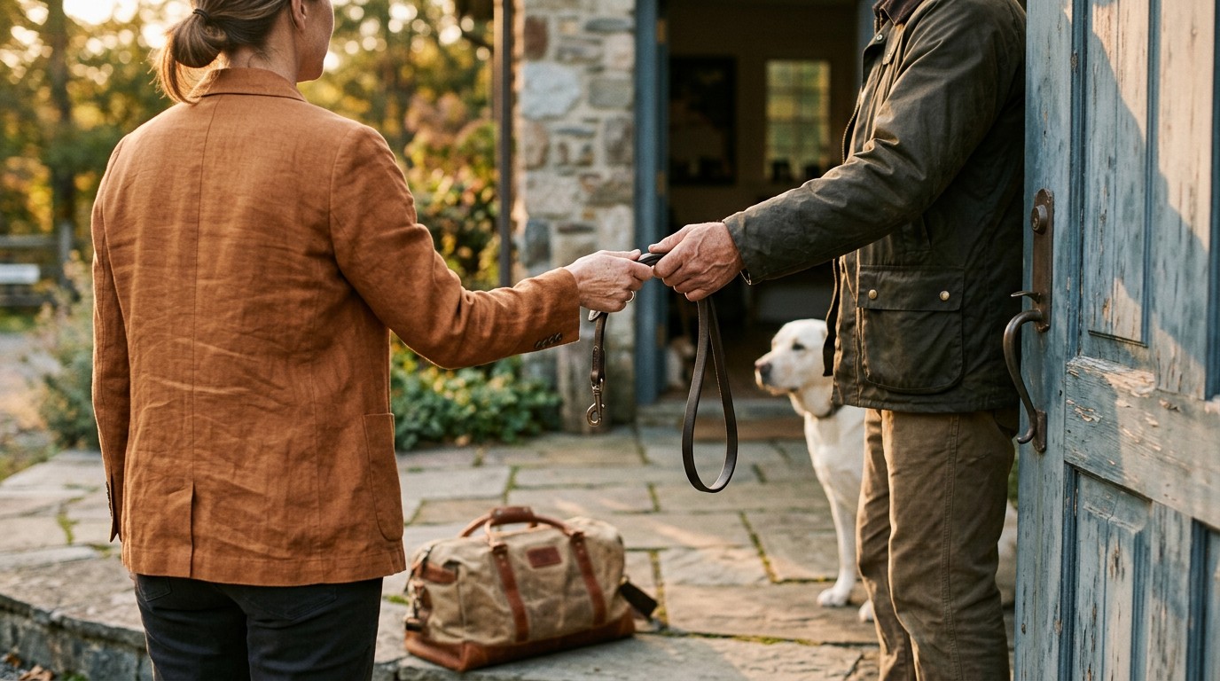 Owner hands a leash to a trainer at the facility door with a travel bag at their feet
