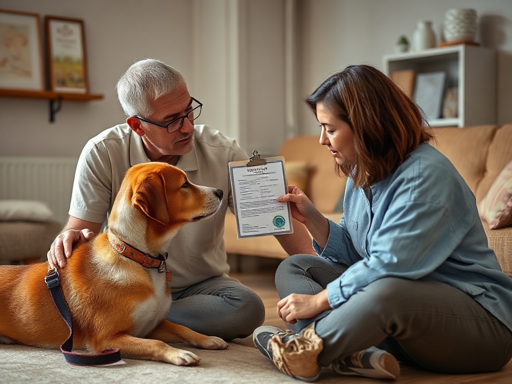 Owner verifying a dog trainer’s credential card and certification details during a calm consultation, attentive dog resting b