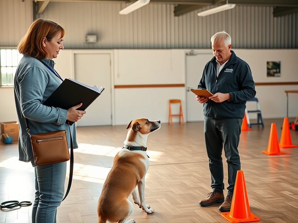 scene in a calm US dog-training facility: an owner evaluates a professional trainer’s credential folder while observing a gen