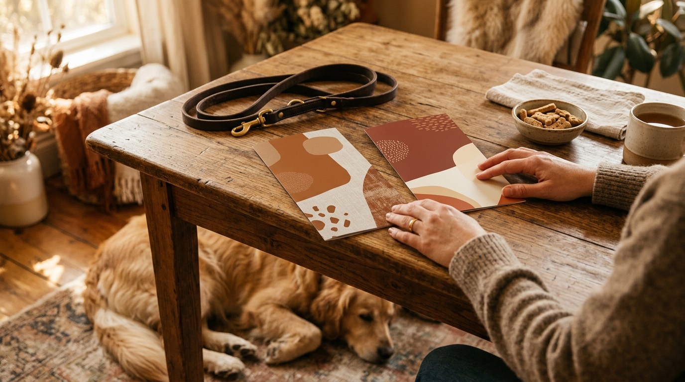 Owner compares two printed dog training program folders at a table while a golden retriever rests underneath