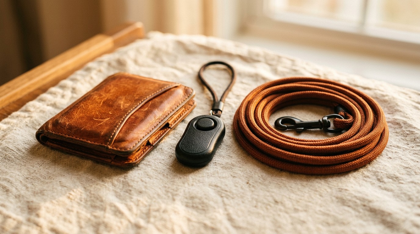 Session card wallet, training clicker and coiled long line arranged on a linen surface
