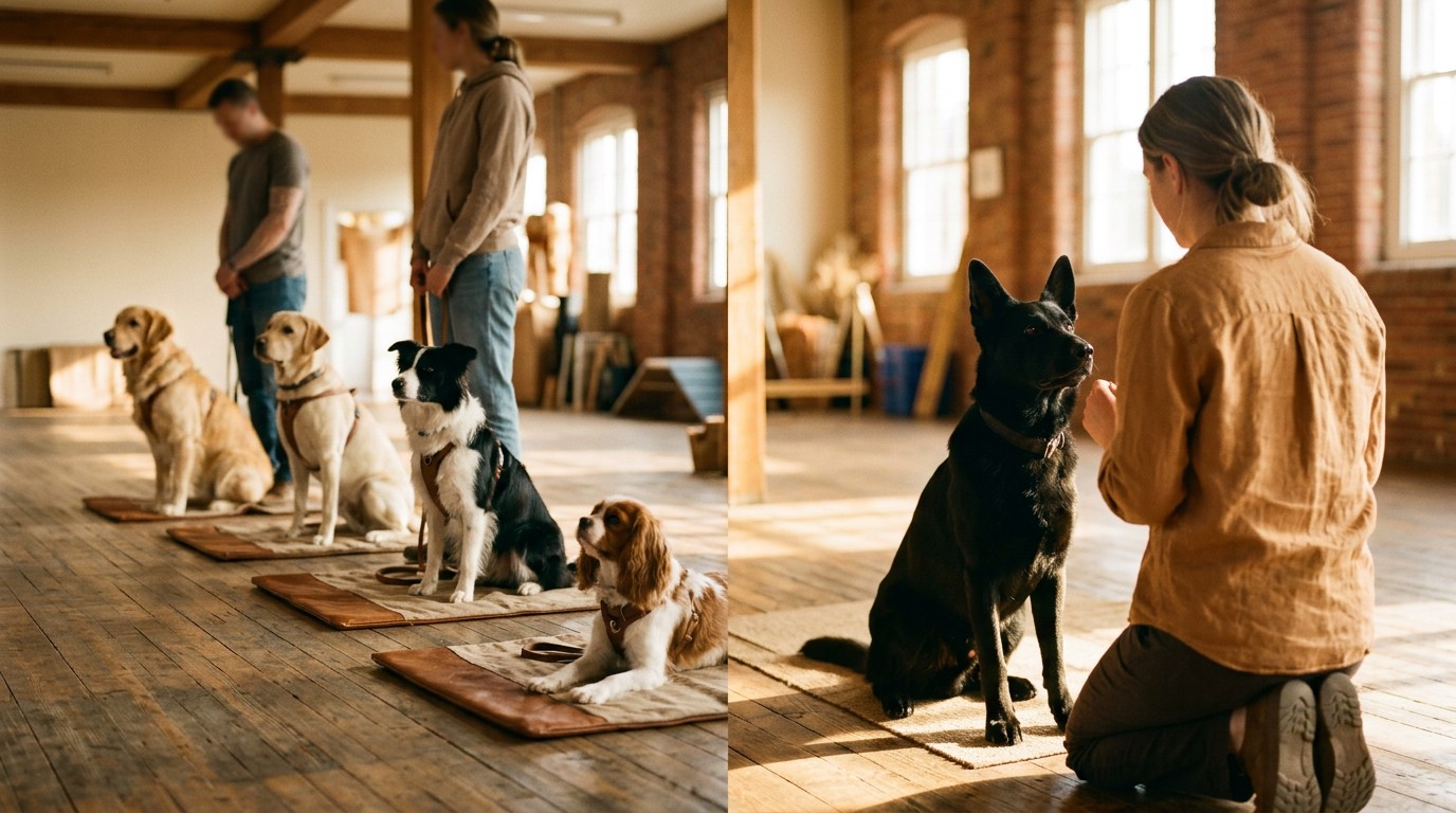 Training hall with a small group class on one side and a one-on-one session with a single dog on the other