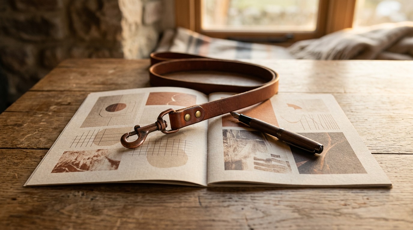 Two printed training program sheets side by side on a table with a pen and a leather leash