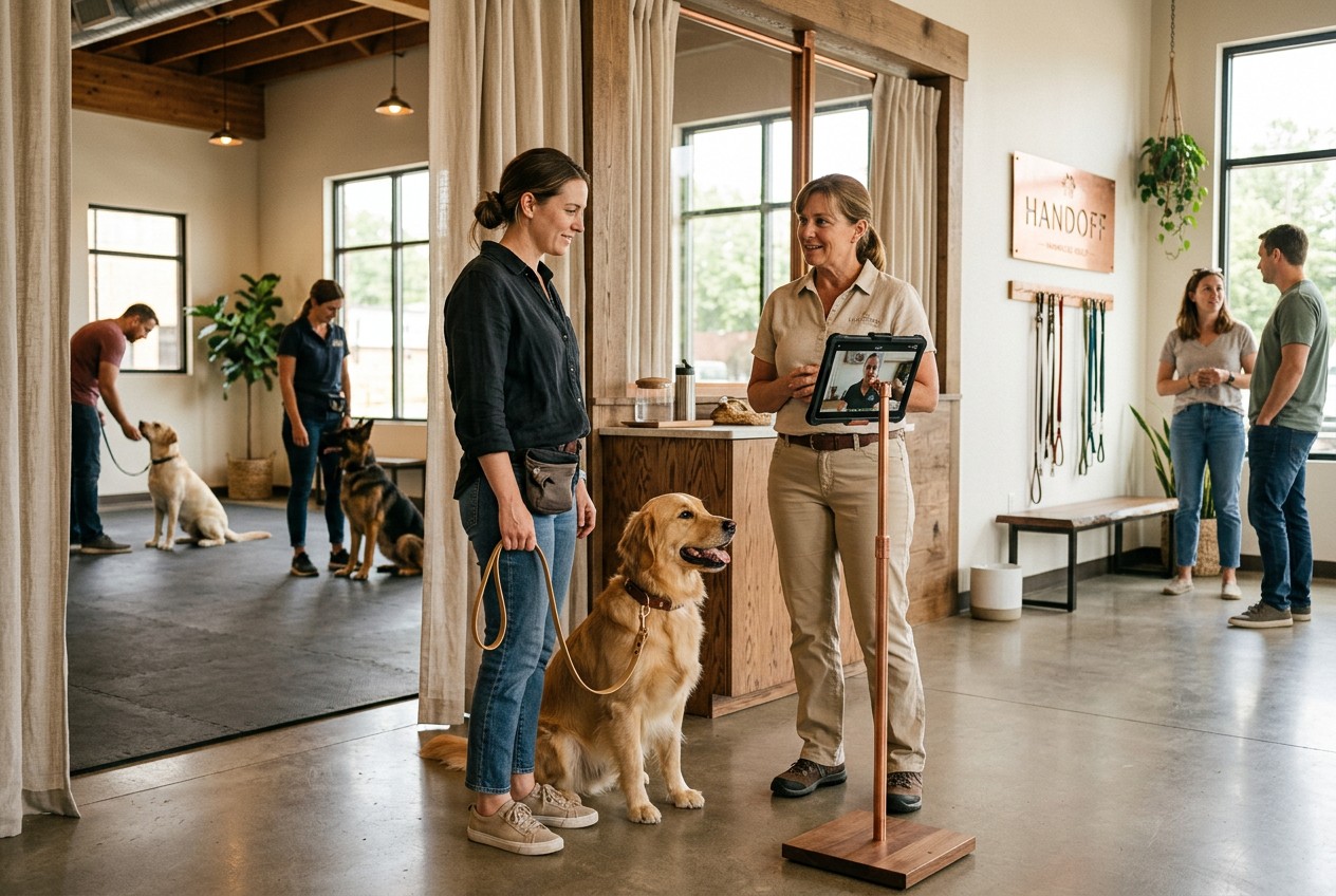 scene in a calm US training facility: an attentive dog beside its owner consulting a trainer, with adjacent group-class stati