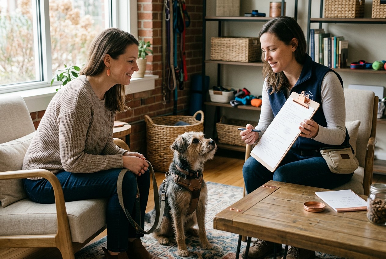 dog-training photograph in a calm US consultation room: an owner interviews the trainer who will handle their attentive leash