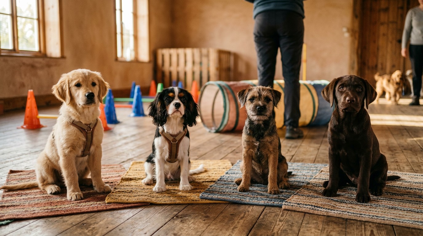 Four puppies sit on mats in a semicircle during a class, with cones and a low tunnel behind them