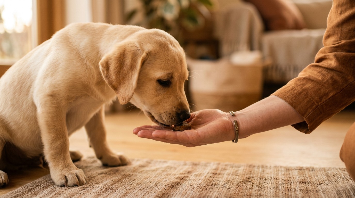 Labrador puppy gently takes a treat from an open palm above a training mat