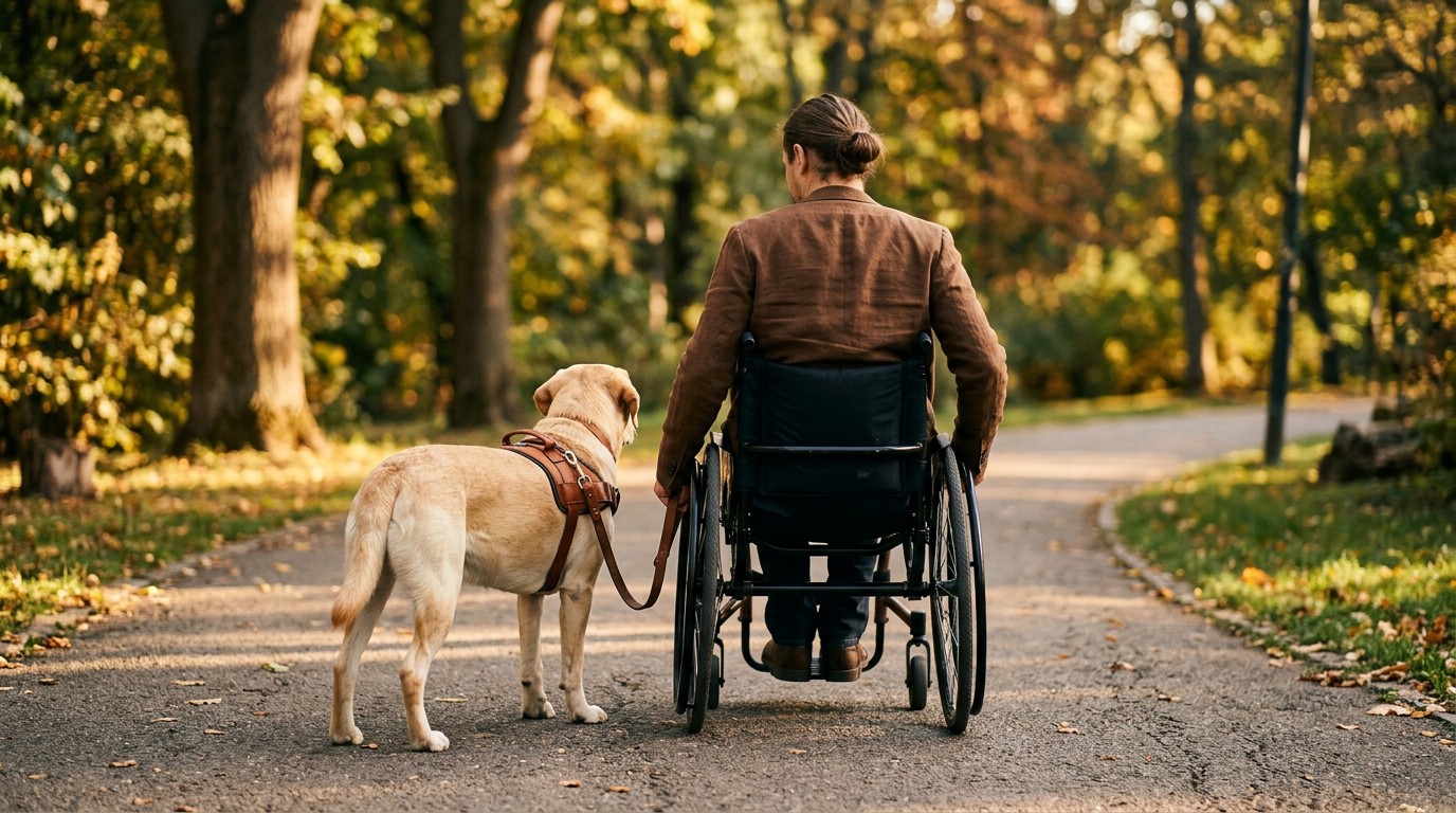 Labrador in a training harness walks steadily beside a wheelchair user on a park path