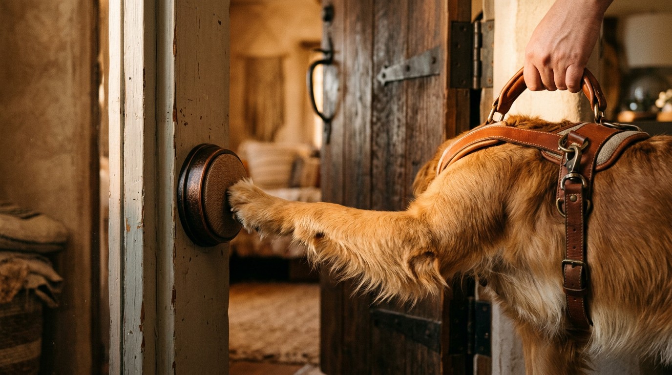 Dog's paw presses a large accessible door button during task training